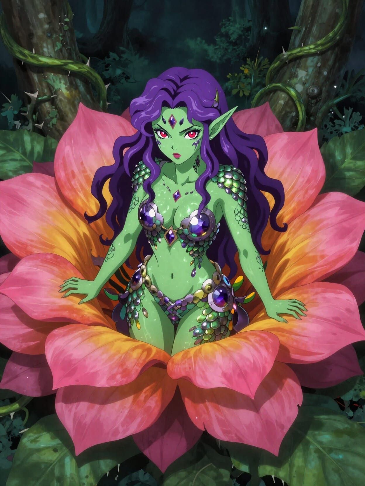 Alraune, plantgirl, woman inside flower, spectral, bloom, colorful petals, arcane tattoo, d&d, green skin, red eyes, pur...