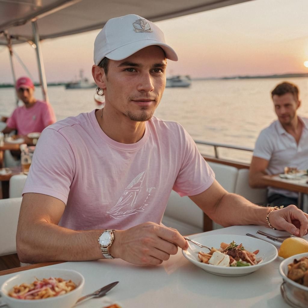 30 year old slavic boy with a white cap, sitting at a table ...