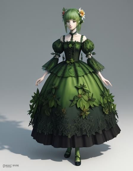 Monster doll woman with beautiful green leafs with flowers d...