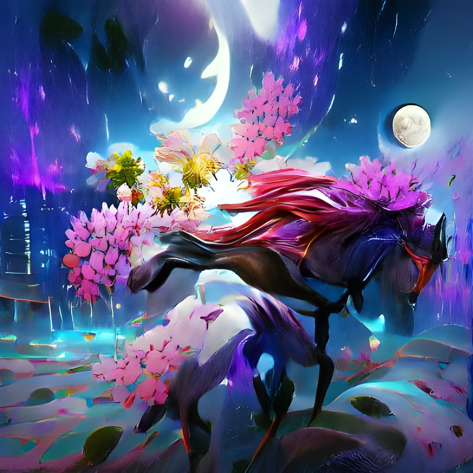 horse river fantasy moonlight vibrant flowers artstation anime - AI  Generated Artwork - NightCafe Creator