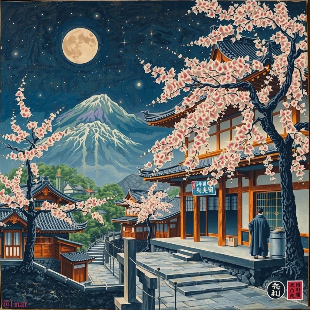 Ethereal Sakura Blossoms Under Starlit Japanese Night