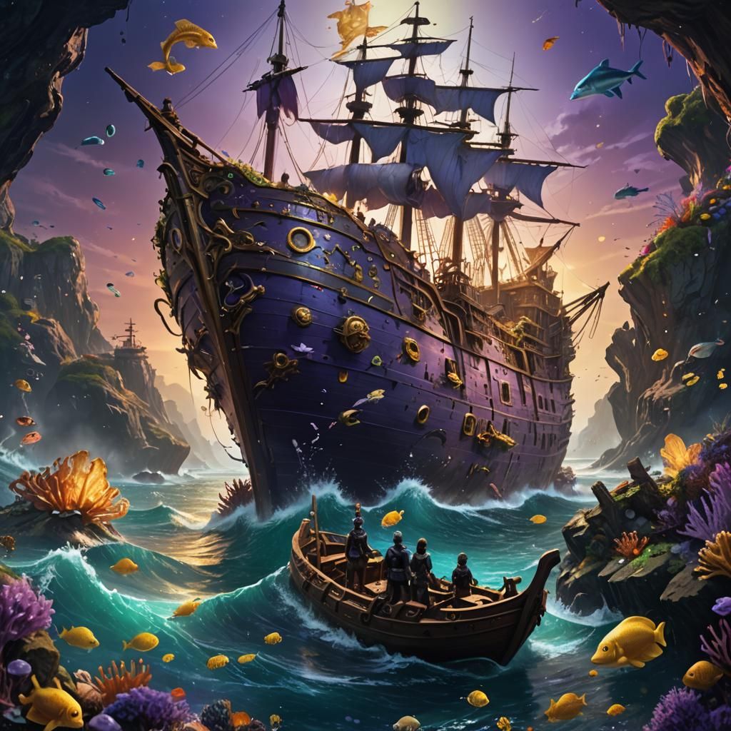 A ship that wrecked in the ocean with sea creatures  and mer...
