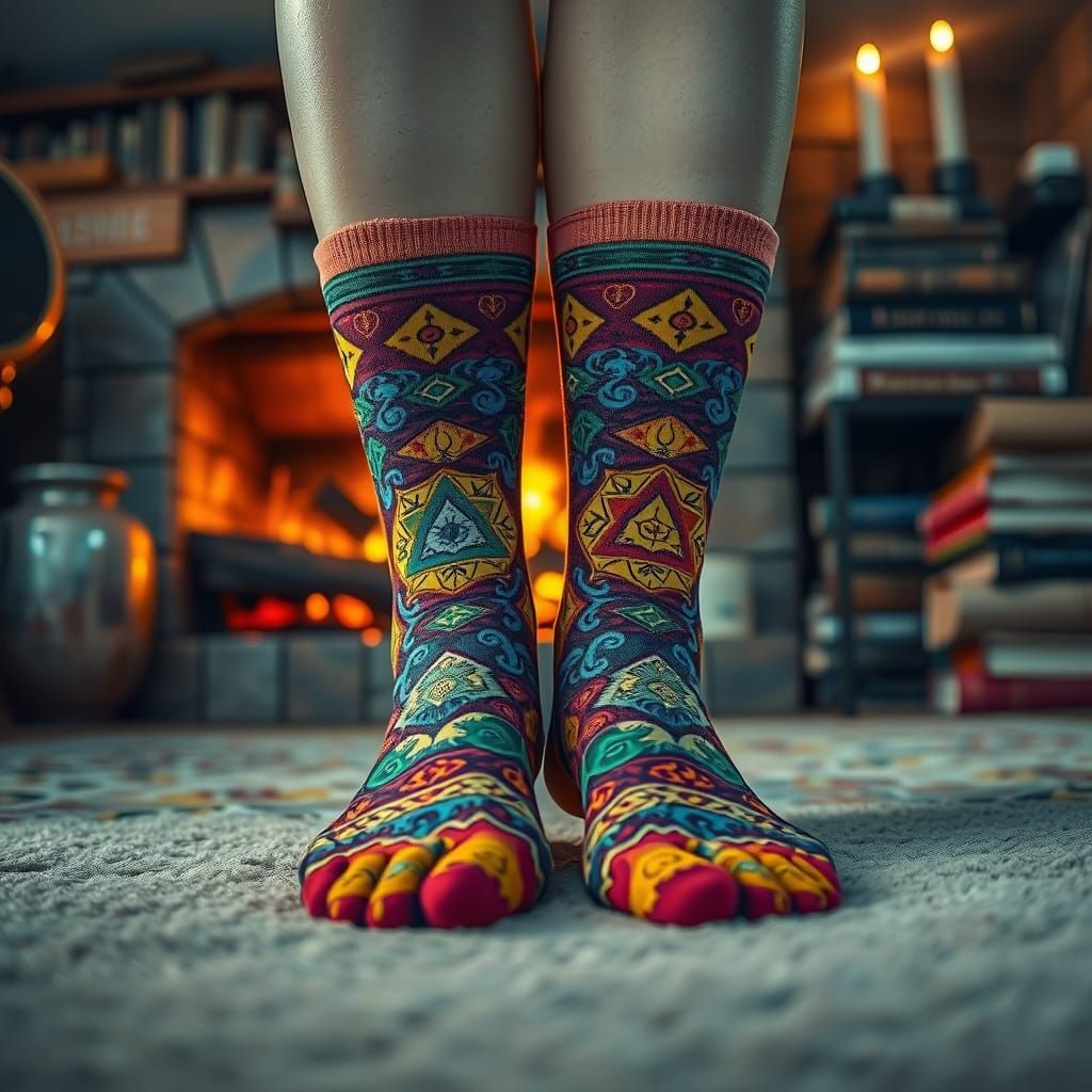 a hyper-detailed image of a woman's feet clad in stylish, patterned socks, set against a backdrop of ...  by @Eclectic shambles