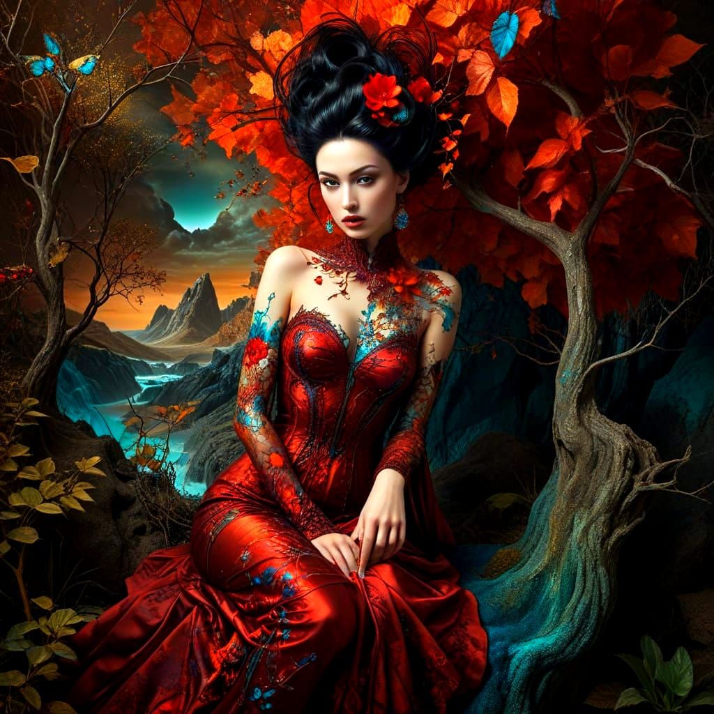 Surreal Fantastic Lady in Vibrant Landscape