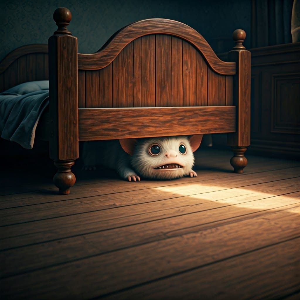 A shy monster peeking out from under a bed  by @Soralba