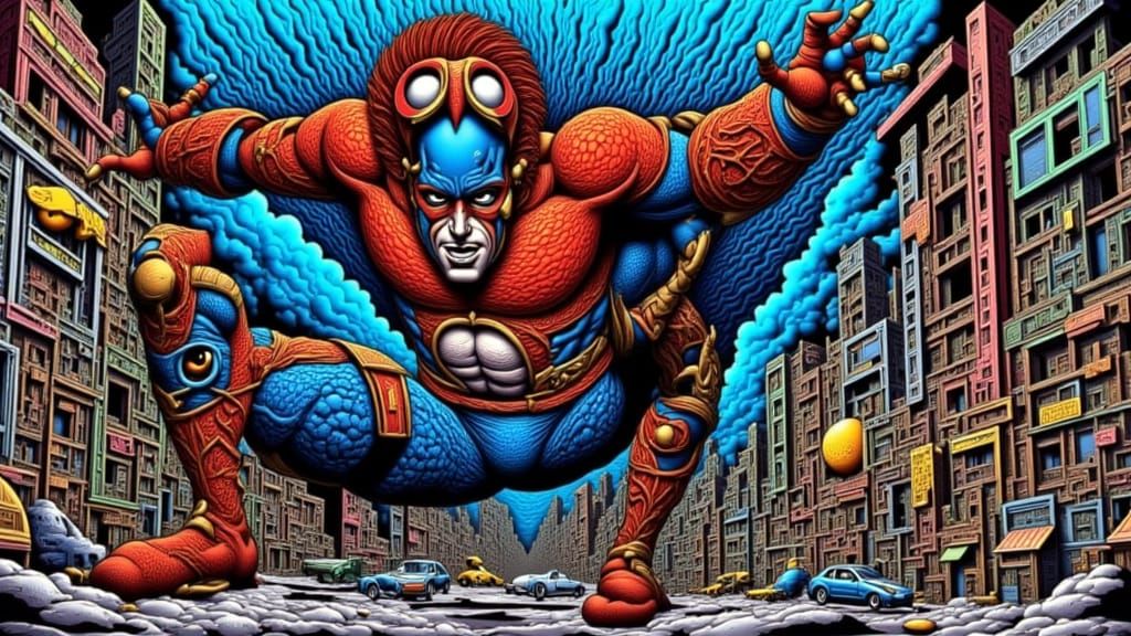 <lora:WtF:1.0> In the image of a comic <trigger> Vibrant comic book character, posing dynamically, in a stylized cityscape, inspired by Mar...