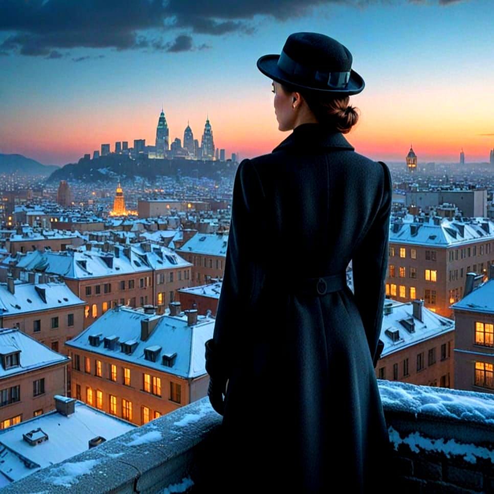Lady Contemplates Dazzling Winter Cityscape in Surrealist St...