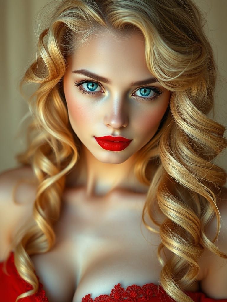 Ethereal Goddess with Turquoise Eyes and Red Corset