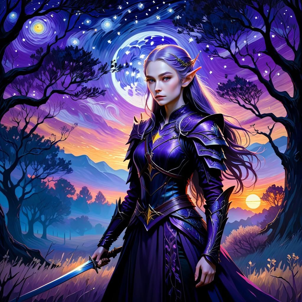 female elven warrior, sword, sunset, very detailed, crows, d...