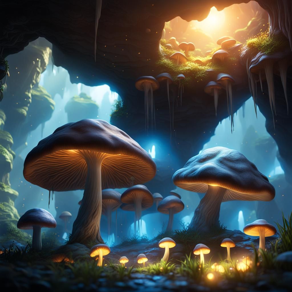 Cave full of glowing mushrooms
