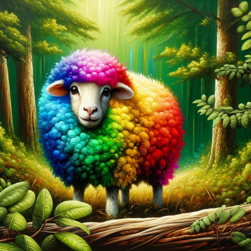 Vibrant Rainbow Sheep in Hyper-Realistic Forest Setting