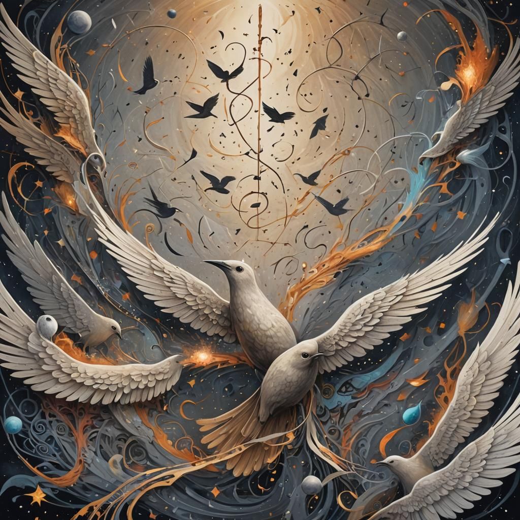 “the universe is but a sound a song yet to remembered” a series of musical notes, drawn out like hand writing  surrounding it is sparks like...