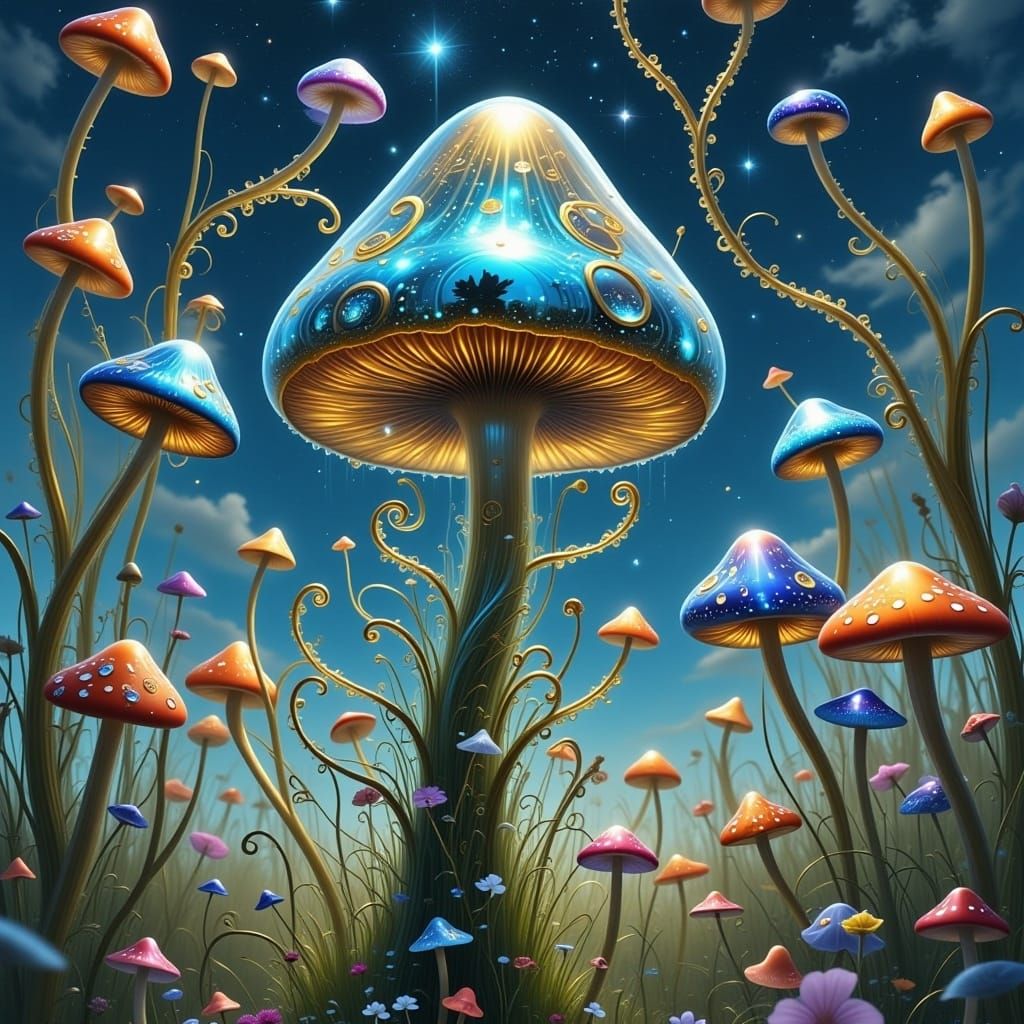 <lora:MILLENNIUM MUSHROOM:1.0>
VIVID fine art mytical realm of blue-sky view of a huge fantastical glowing transparent glass mushroom, whims...