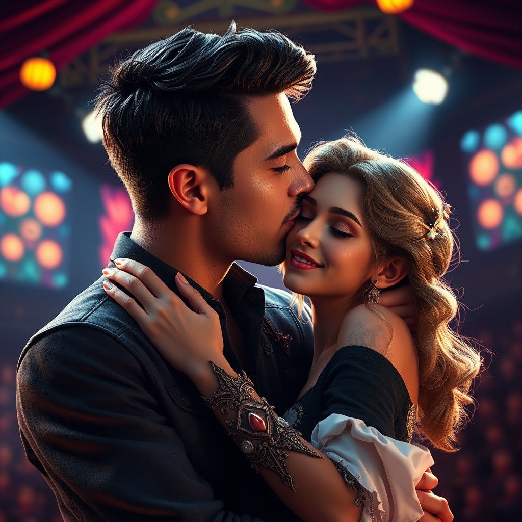 Passionate Kiss on Stage: Detailed Fantasy Art