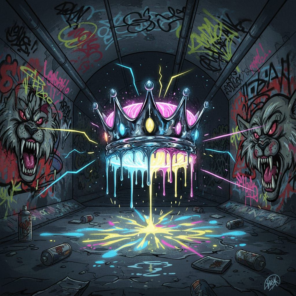 A crown floats above a subway tunnel.
Graffiti kings painted it with molten chrome.
It pulses with rhythmic echoes of rebellion.