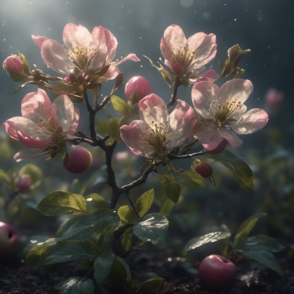 Glowing Apple Blossoms Flourishing in Charred Landscape