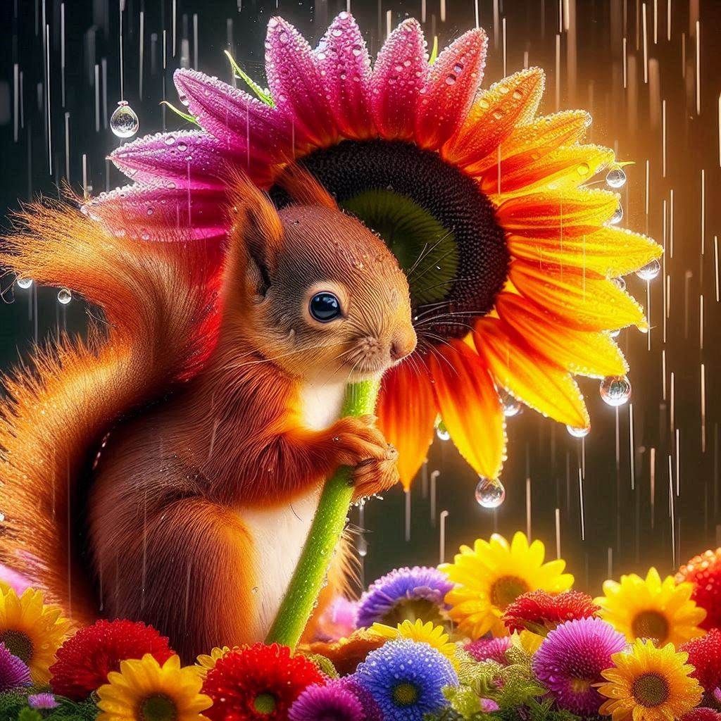 Red Squirrel under a Sunflower in the rain