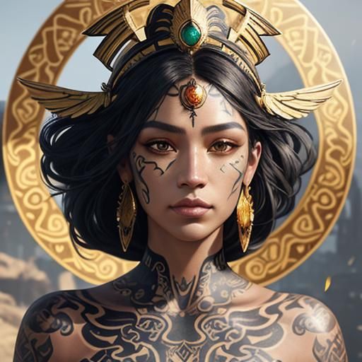 Sensual mestizo Colombian, 3/4 face tattooed art nouveau sty...
