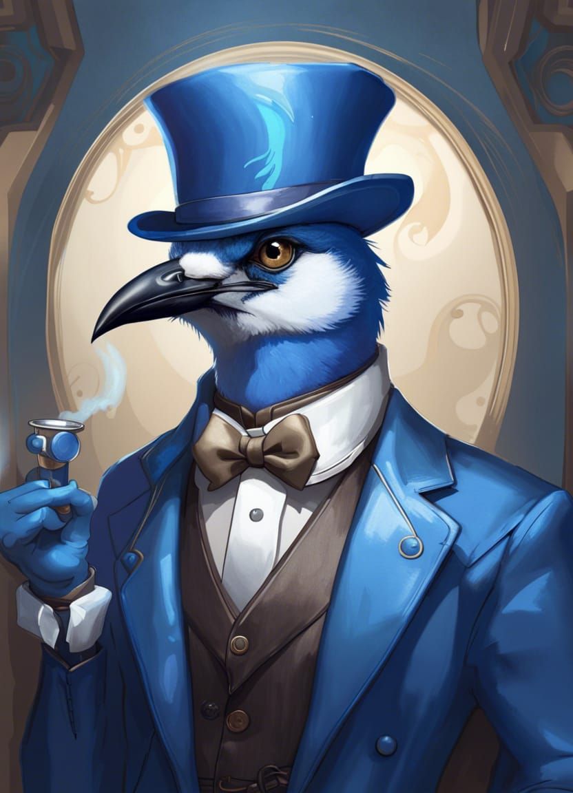 A anthropomorphic blue jay