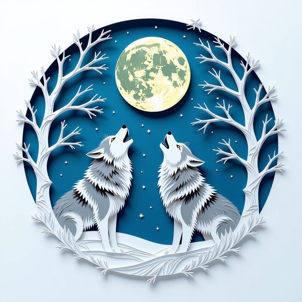 A very intricate Scherenschnitte paper cutting showing the scene of two wolves howling under the full moon, bare tree branches and snowflake...