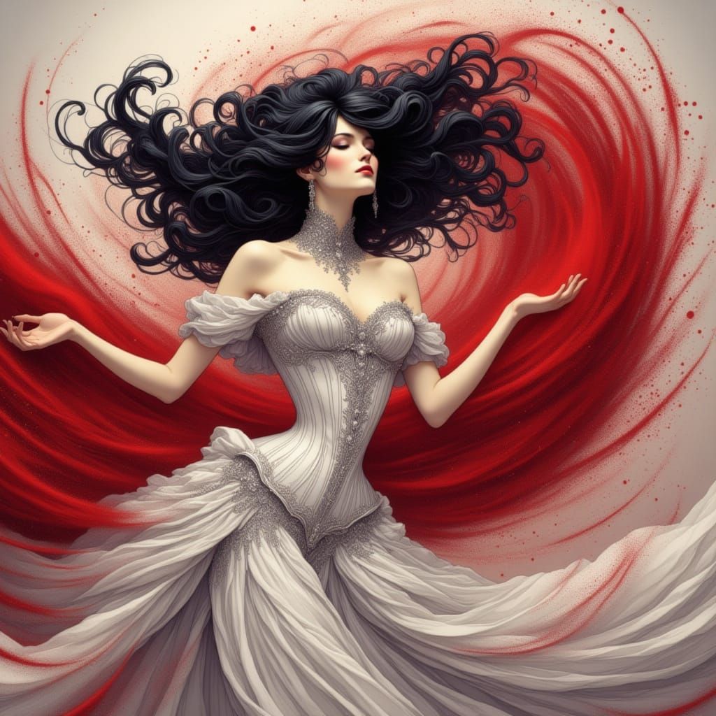 a lady with black hair, wearing a white and silver gown and corset, a whirlwind of blood red sand swirling around her <lora:SandSorcery for ...