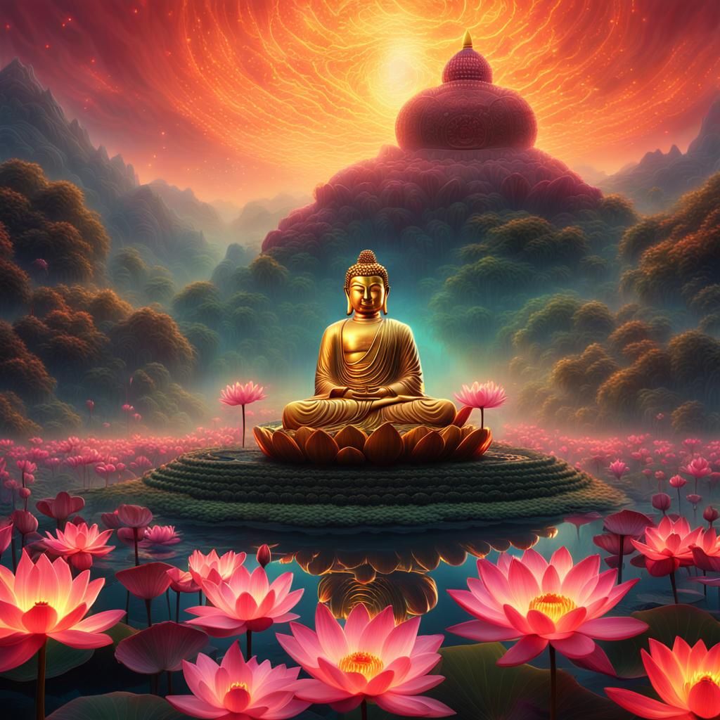 Subhuti and Buddha in Luminous Lotus Landscape