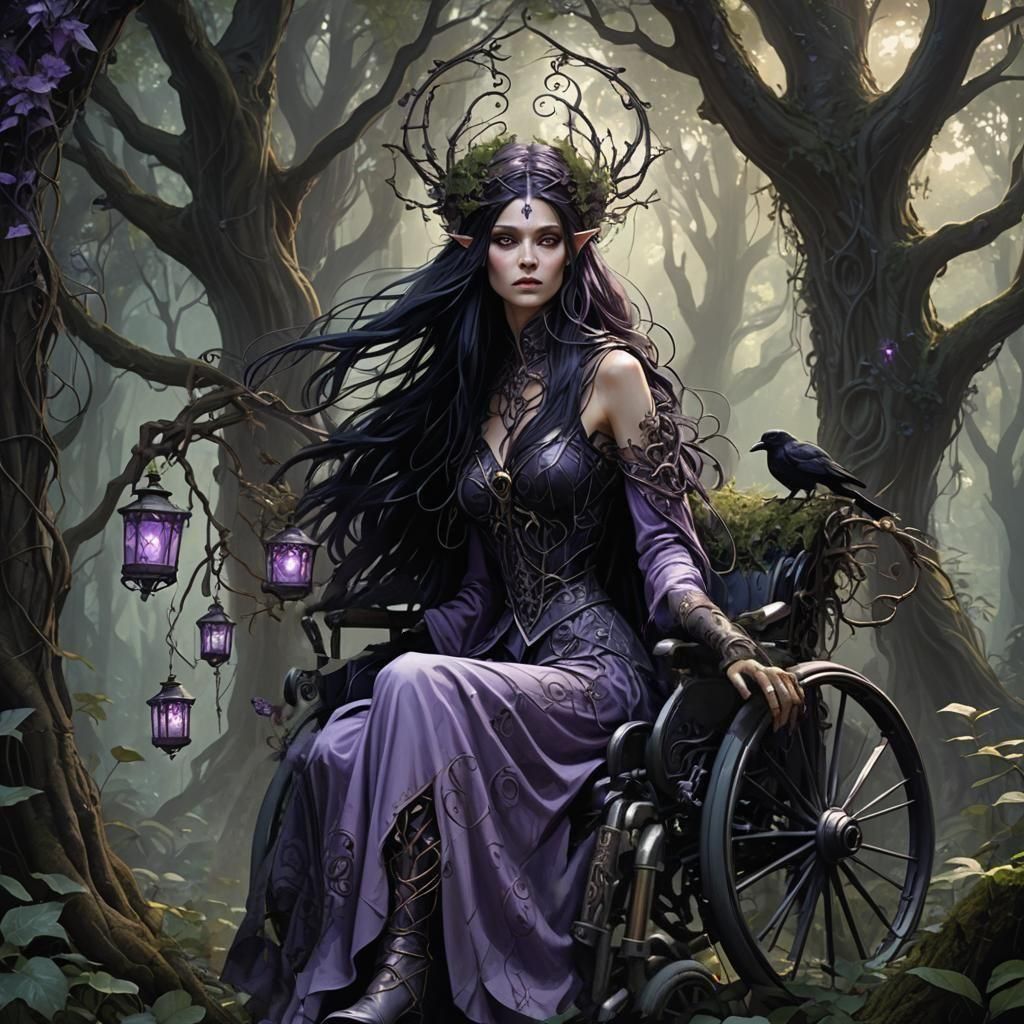 Feminine elf witch in a wheelchair