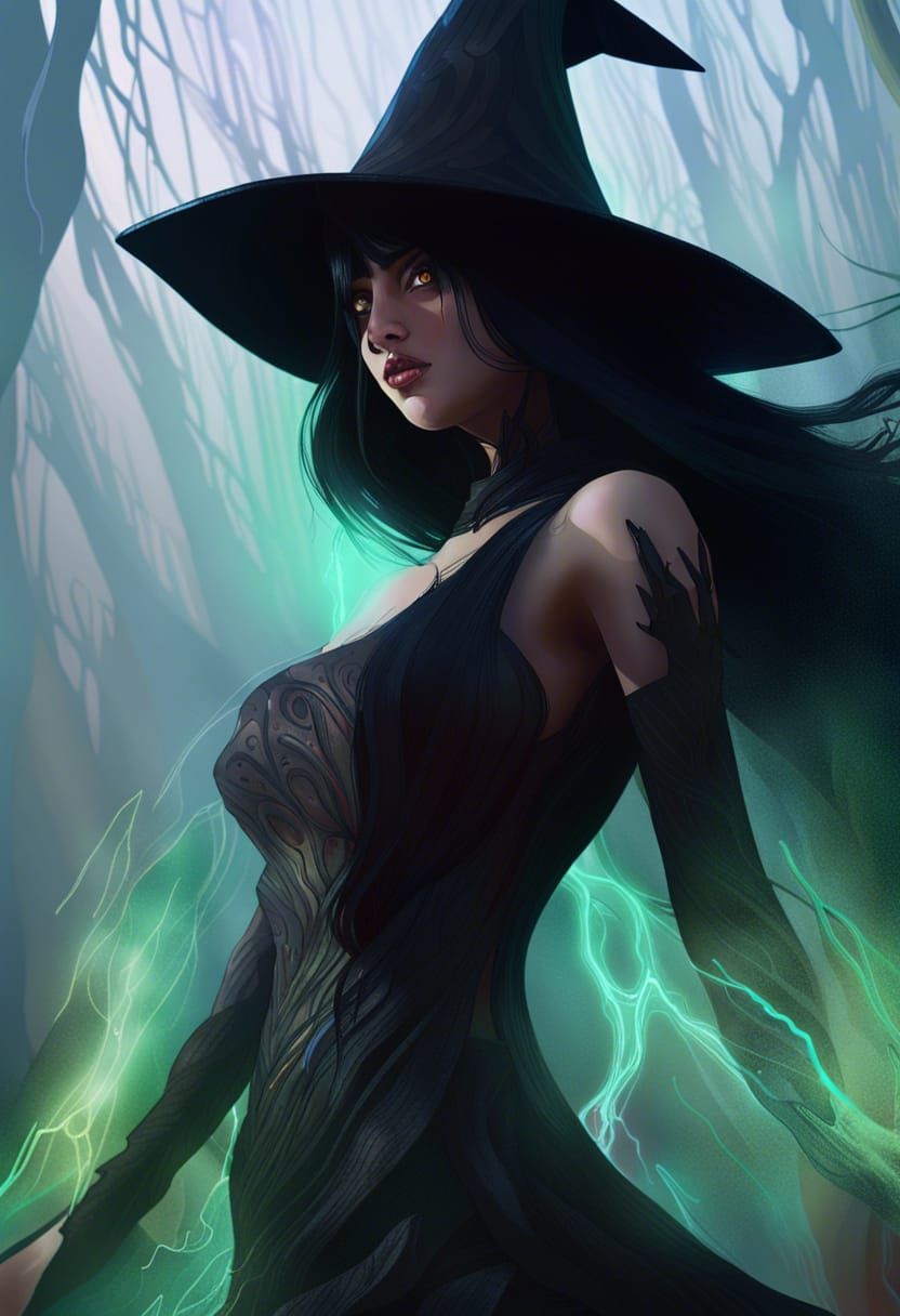 A witch with black hair and a hauntingly beautiful appearance ...