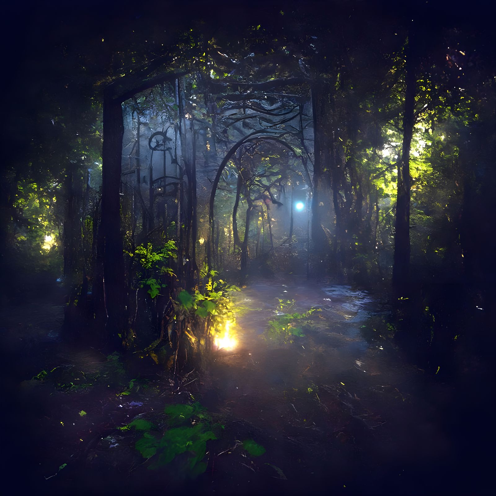 A mystical doorway in a midnight forest