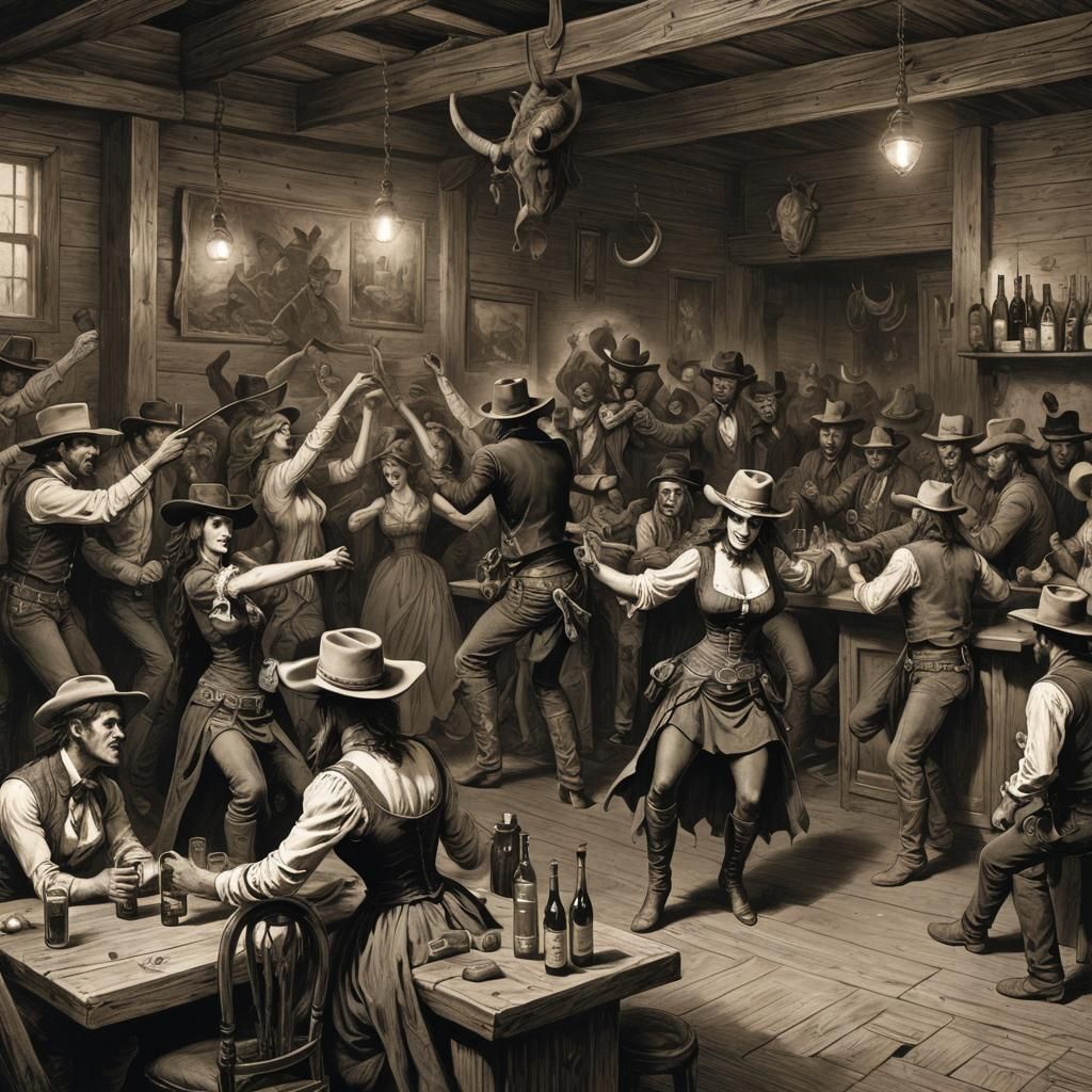 Wildwest bar with ladies of pleasure dancing and cowboys sho...