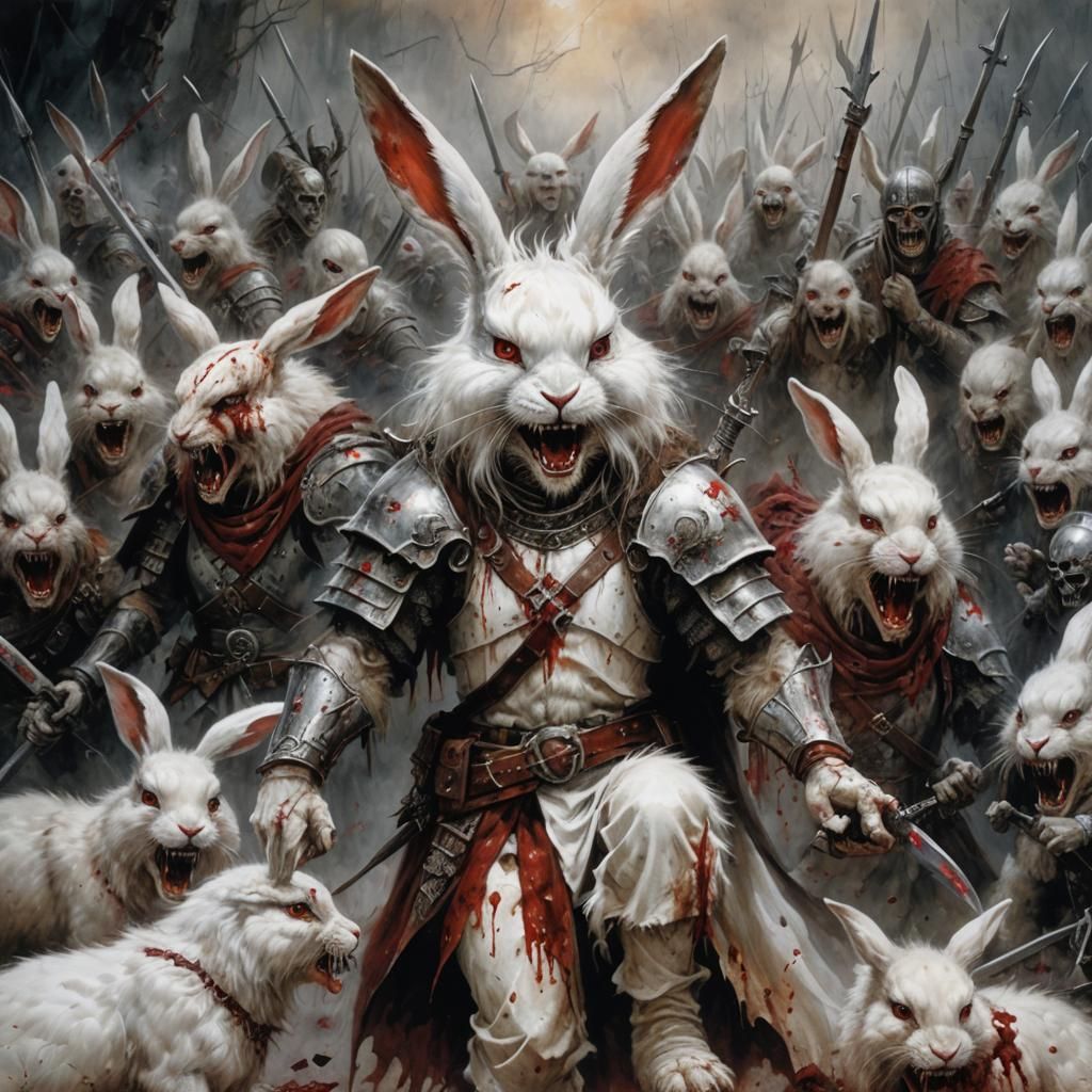 Fluffy bunny with long sharp teeth and blood stained white fur ...