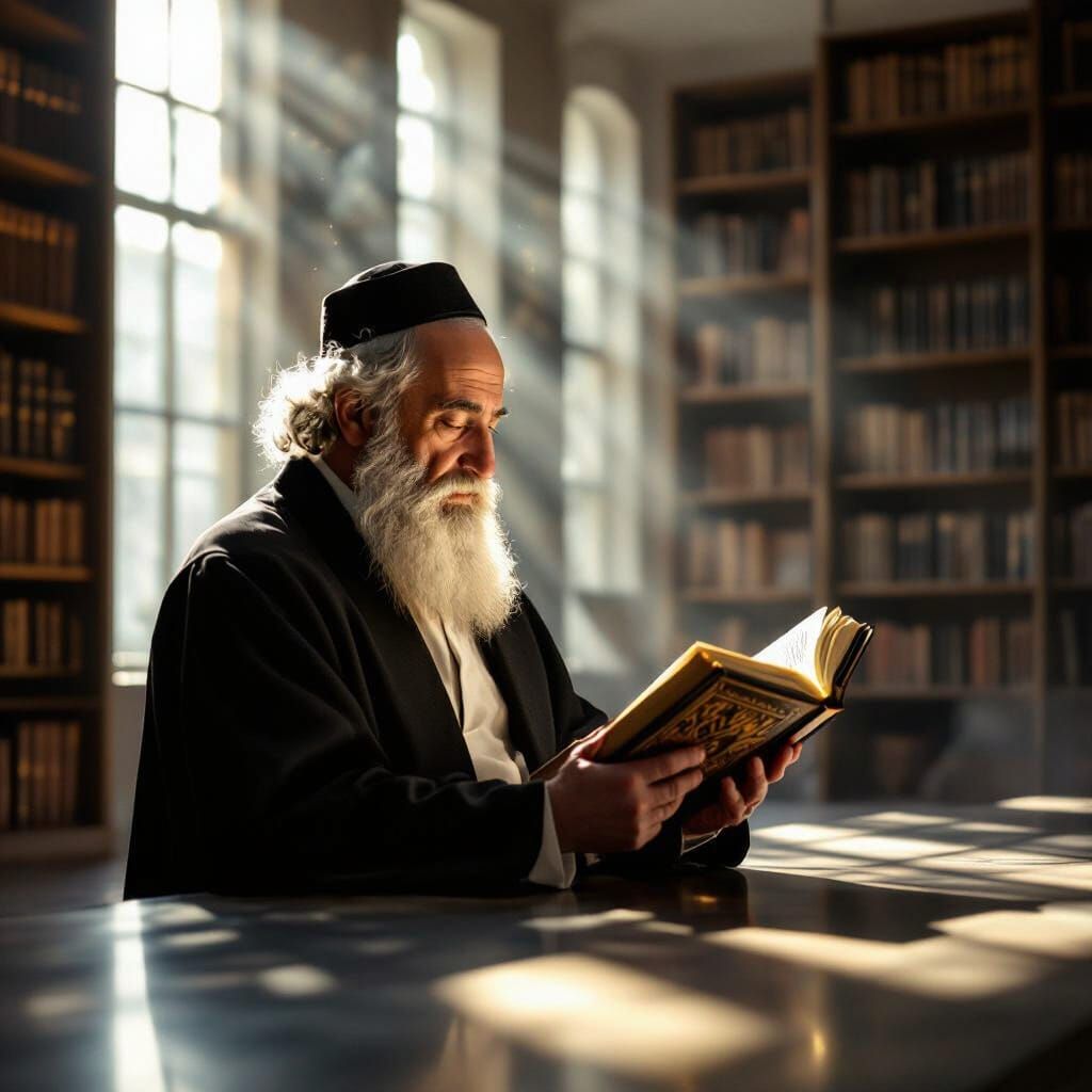 Elderly Man Studying Torah in Minimalist Hall