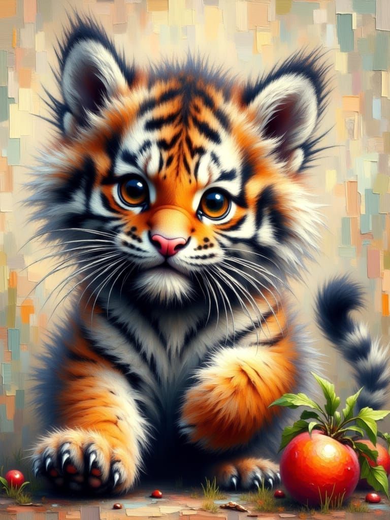 <lora:HRH-oil-and-grunge:1.0> Beautiful hyper detailed,  fluffy long haired tiger cub, oil and watercolour, grunge