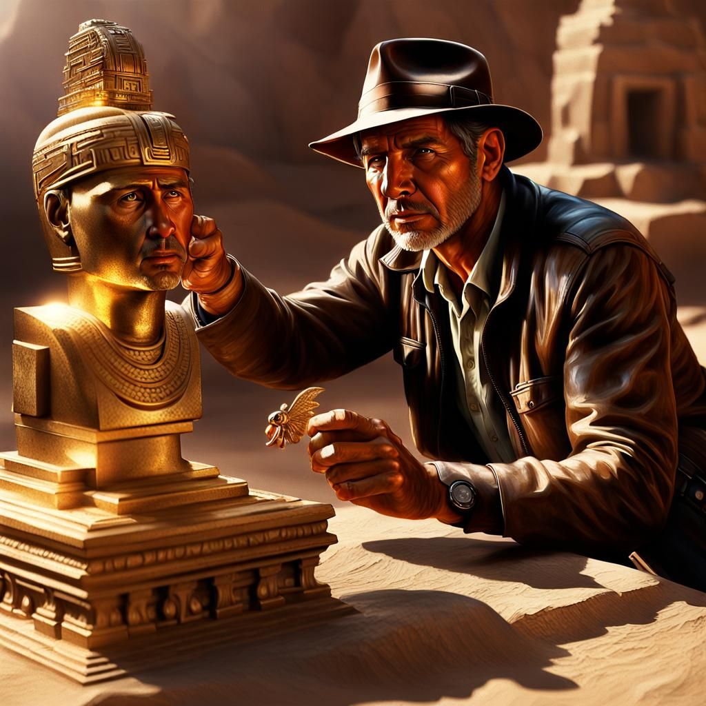 30 year old Harrison Ford as indiana jones  discovering a small inca golden statue, perfect composition, ...  by @ericde