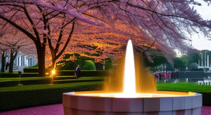 an ultrarealistic outdoor water fountain surrounded by trees with pink