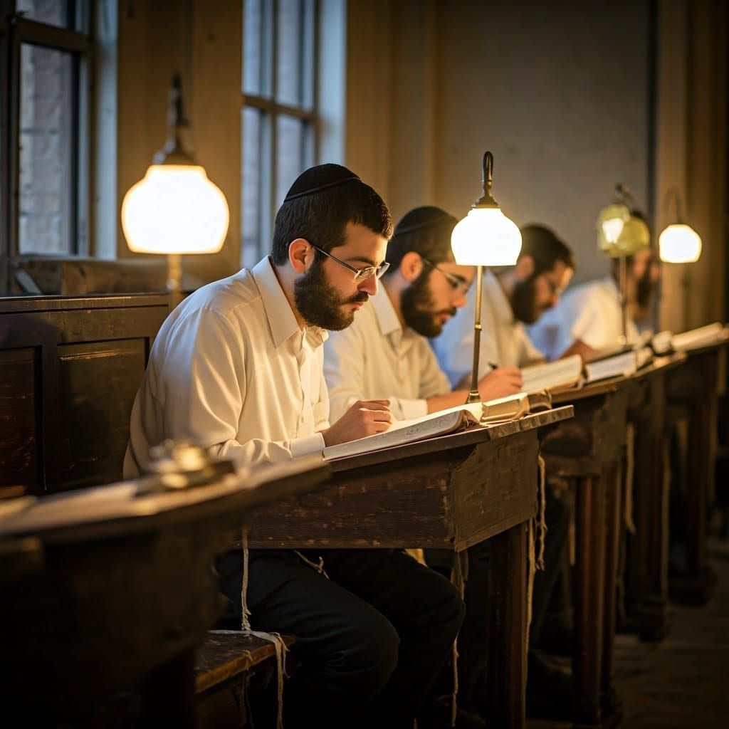 Young Men in Prayerful Study, a Serene Yeshiva Scene