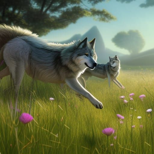 Two wolves running through a grassy meadow with flowers