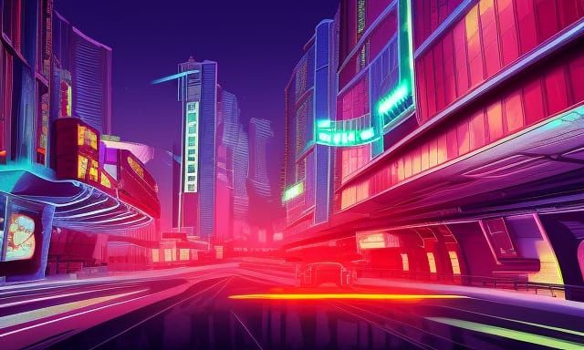 neon-lit buildings at night, speeder, flying, glow, hue, futuristic, cyberpunk, city