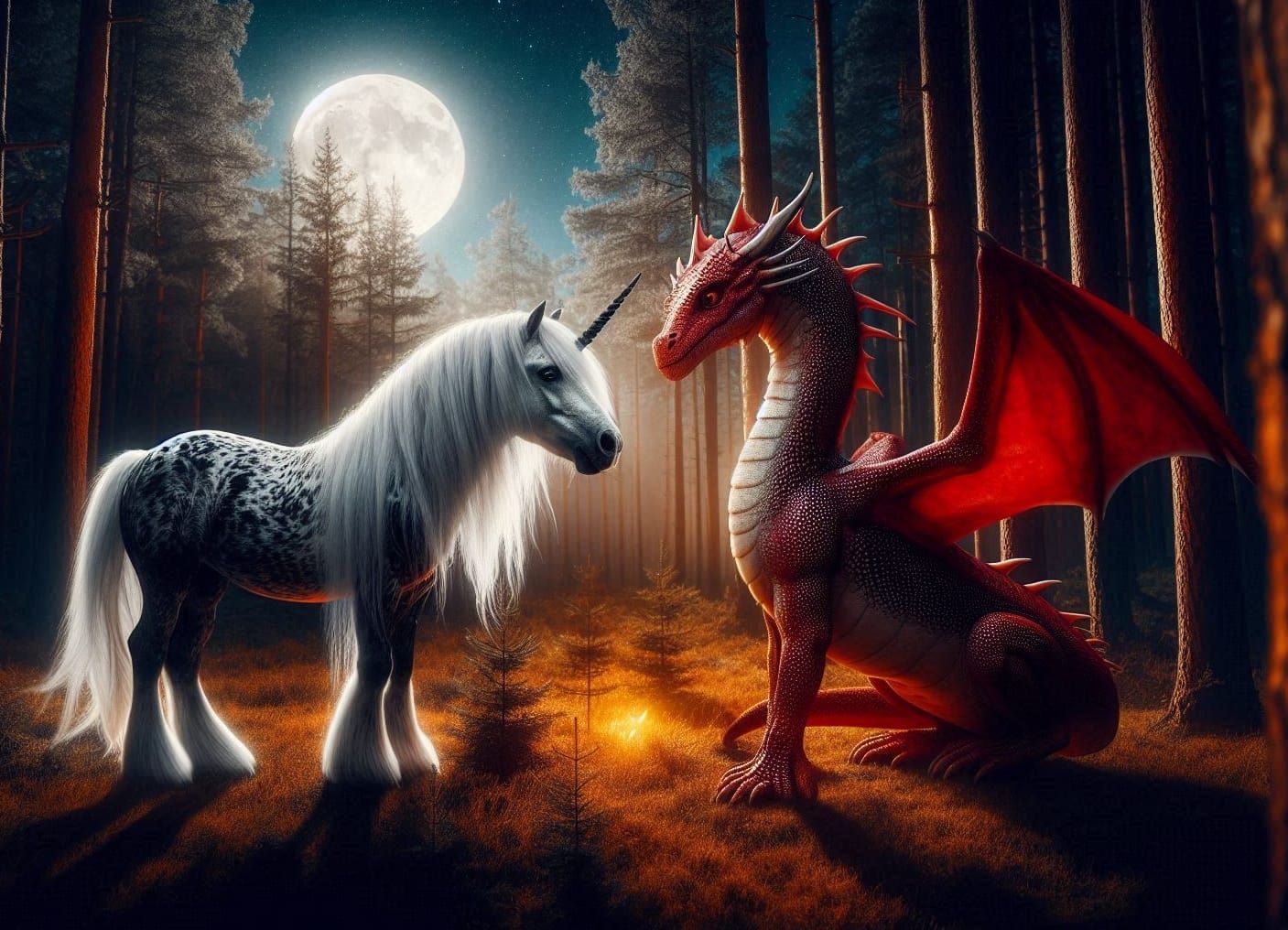 Unicorn and Dragon Meeting Under Moonlight  by @Marge 