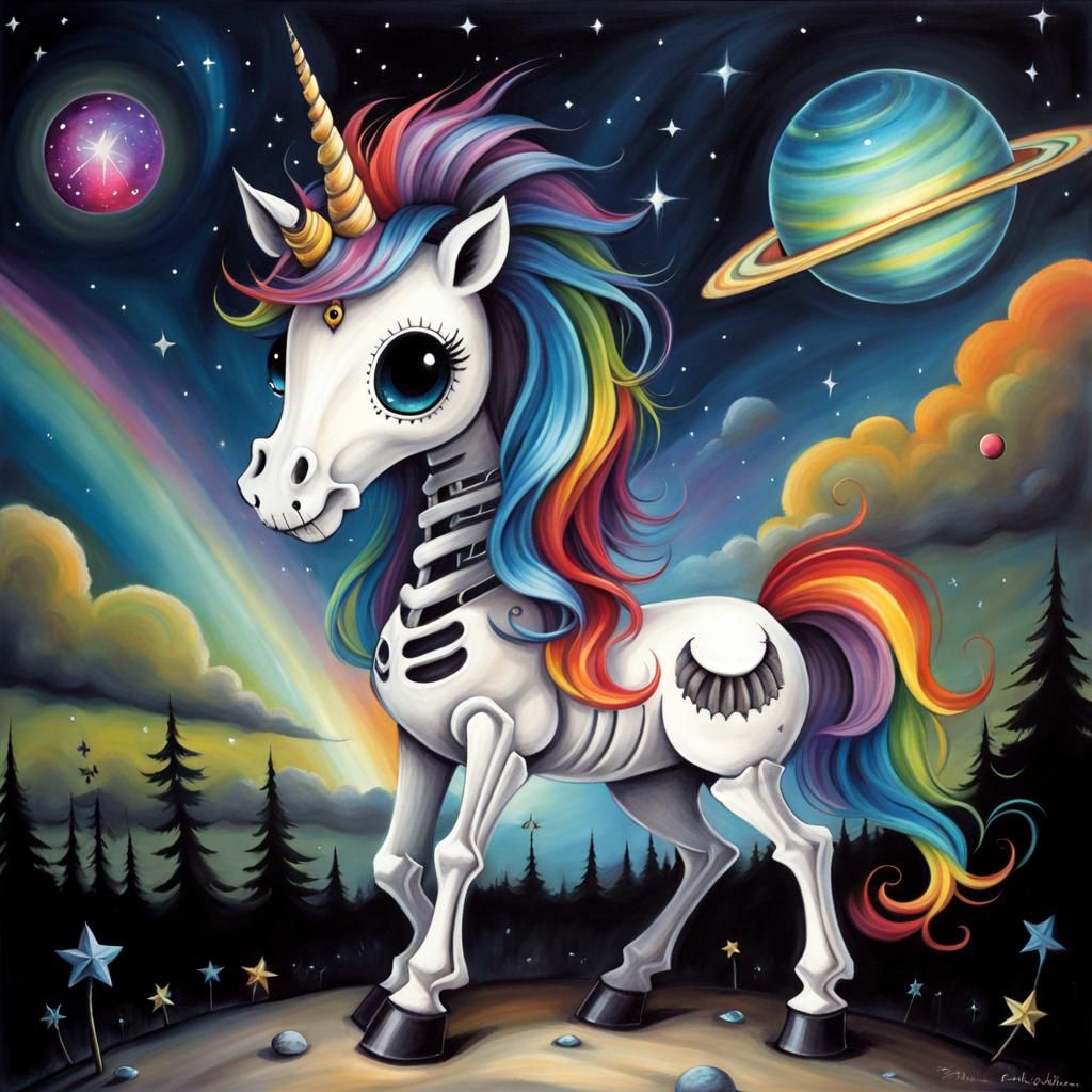 Surreal Skeleton Unicorn in Cosmic Folk Art Style