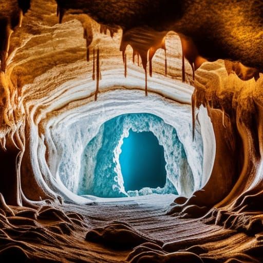 surreal view from inside a massive hollow cave with stalagmi...