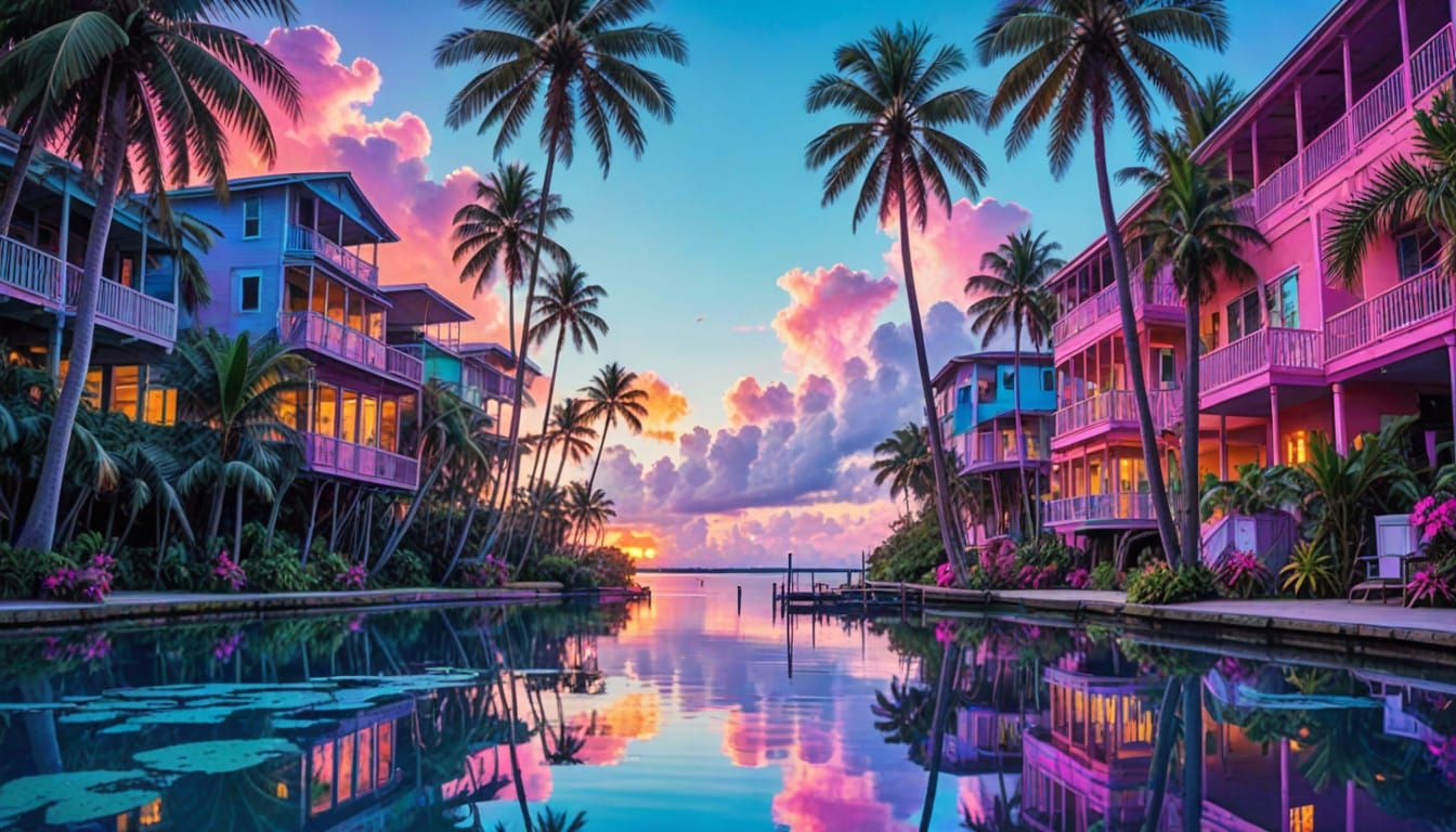 Tropical Sunset Scene with Palm Trees and Colorful Buildings