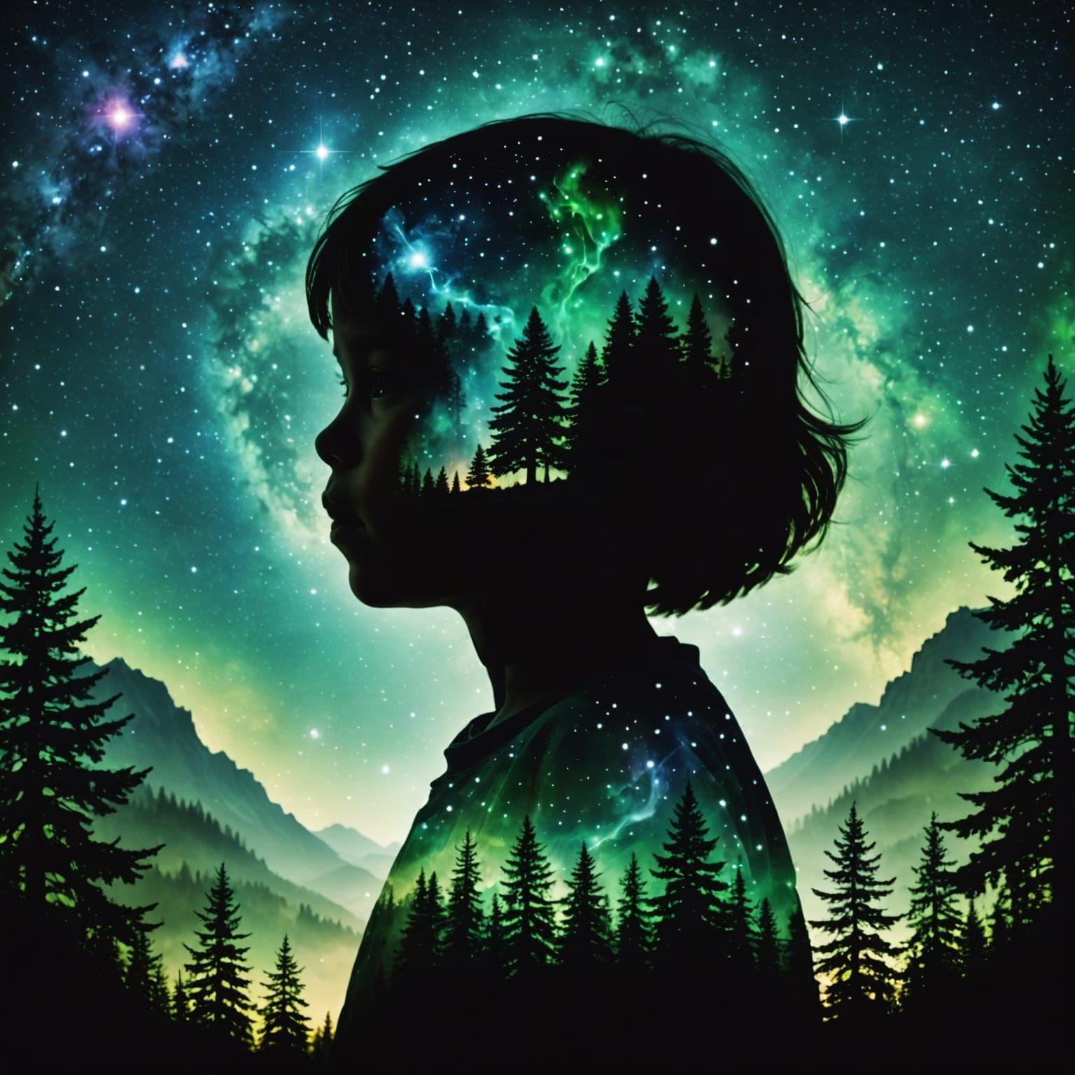 Create a digital double exposure image that captures the silhouette of a child against a soft, hazy background. The child's silhouette is fi...