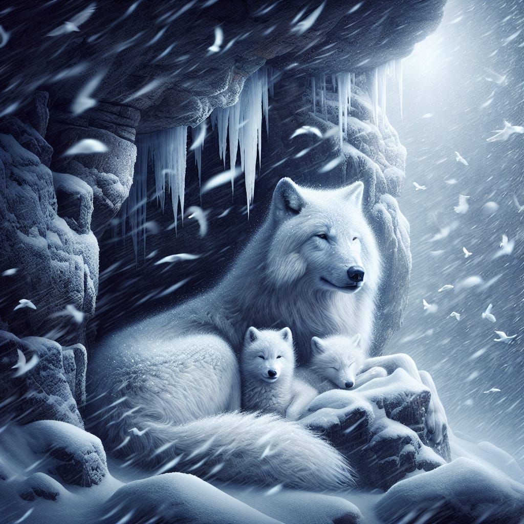 Mother wolf and cubs in a blizzard