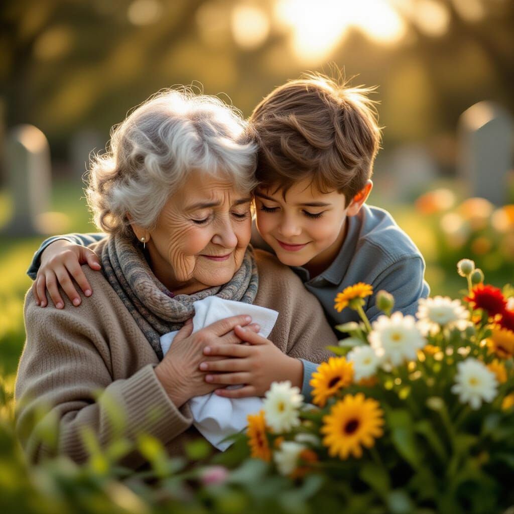 A young boy gives his crying  elderly grandmother a hanky and a big hug as she puts flowers on grandfather's ...  by @Pippy