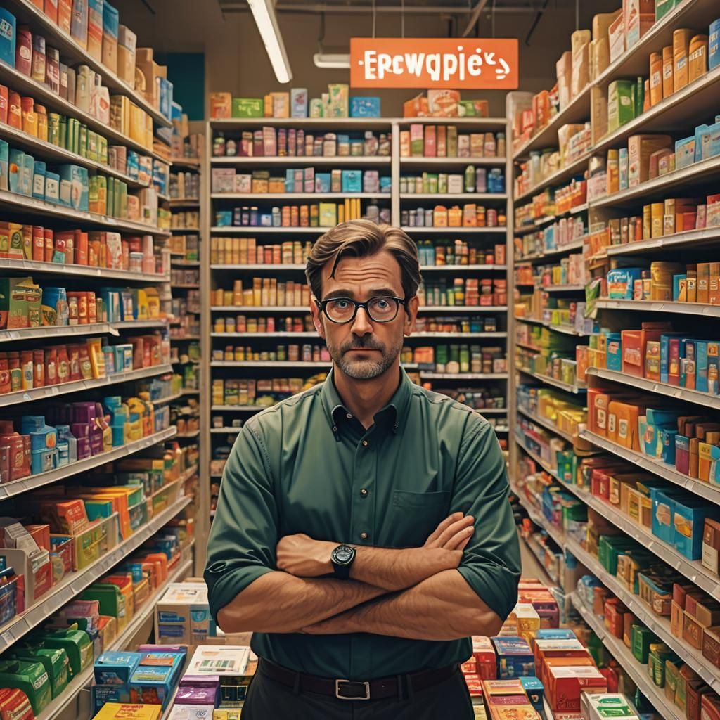 A 3D cartoon image showing a grocery store clerk, Mark, stan...