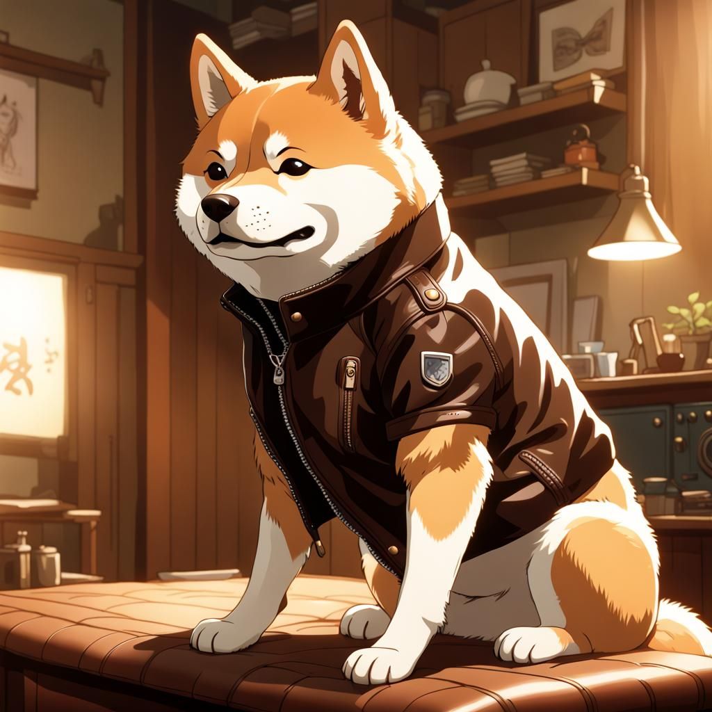 Shiba inu waring a leather jacket