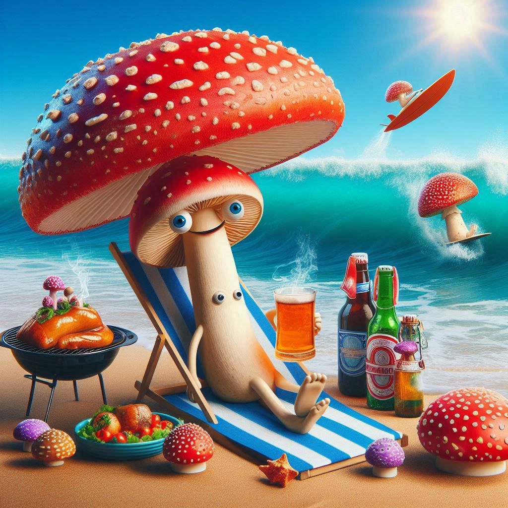 very wacky Crazy mushrooms on vacation sunbathe and make barbecue, umbrella in the shape of an amanita in the background...