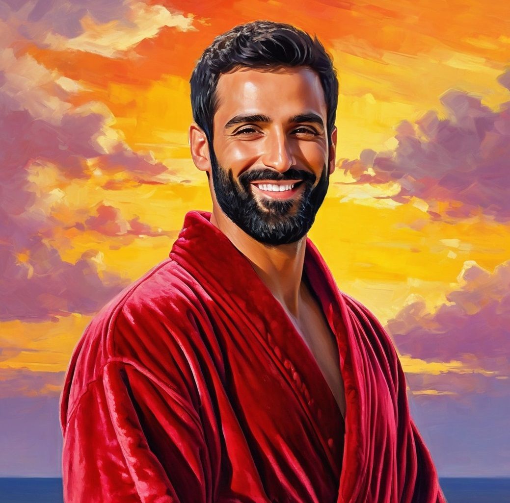 A handsome man with black    hair and beard wearing a    red...