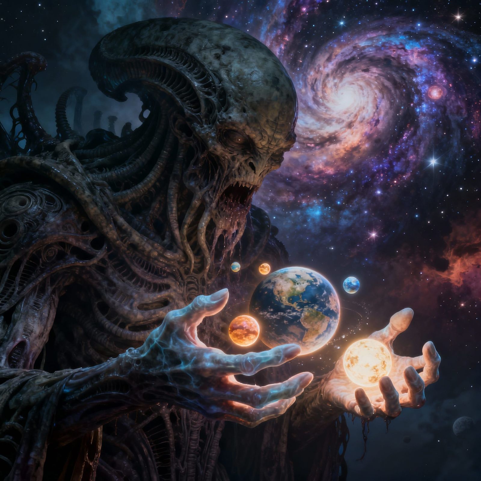 colossal monstrous being in space has planets in its hands, eating planets  by @MrChon